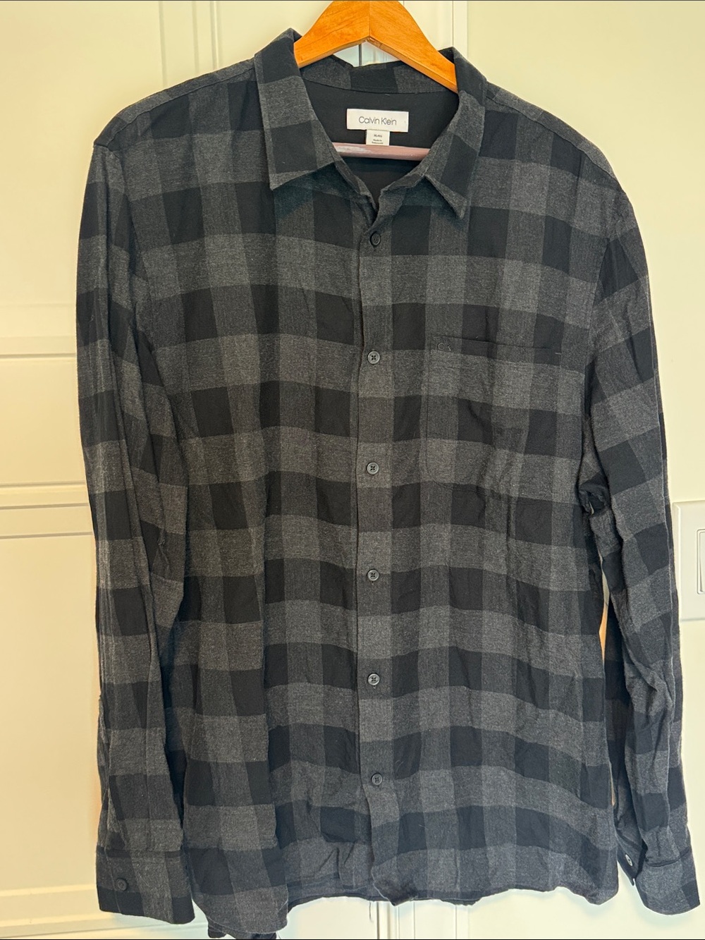 Calvin Klein Men's Black and Gray Plaid Button-Down Shirt